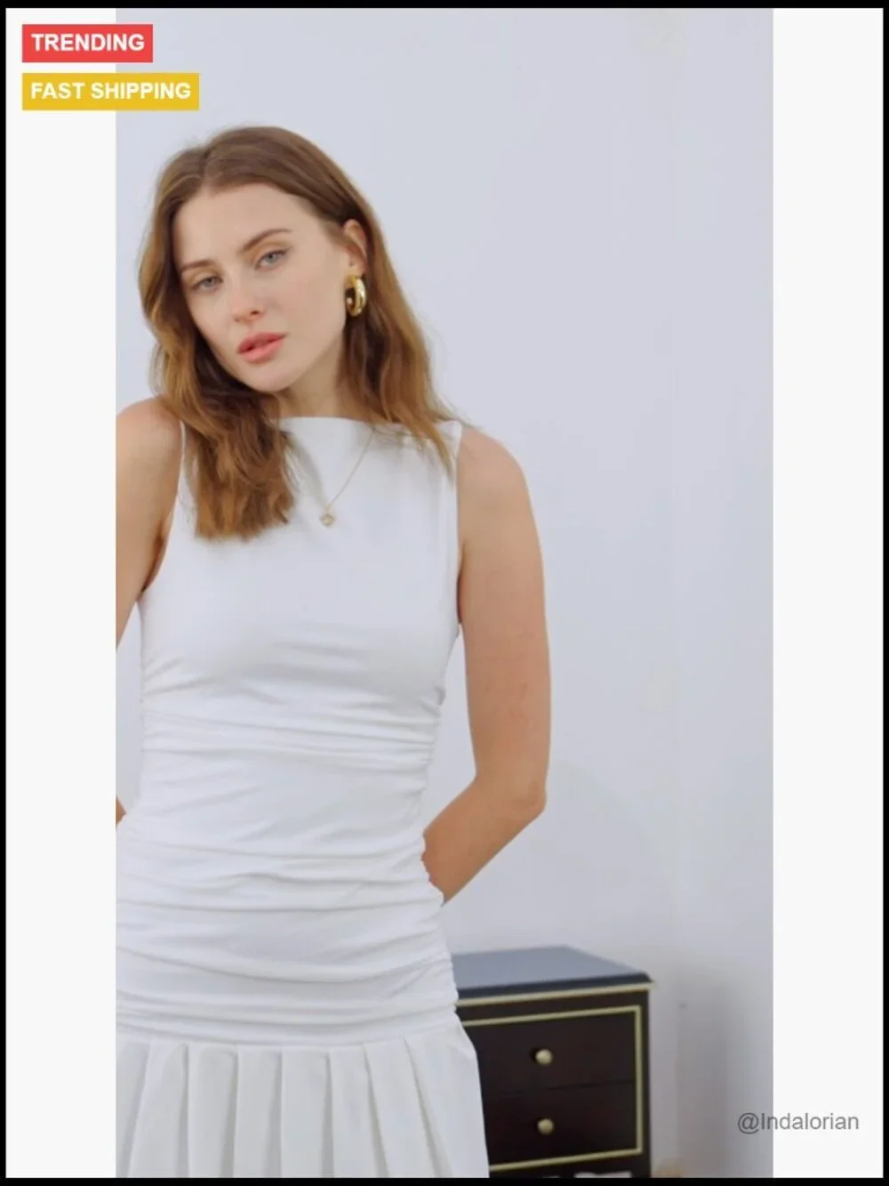 Polyester Blend Sleeveless Ruched Ruffle Hem Mini Dress